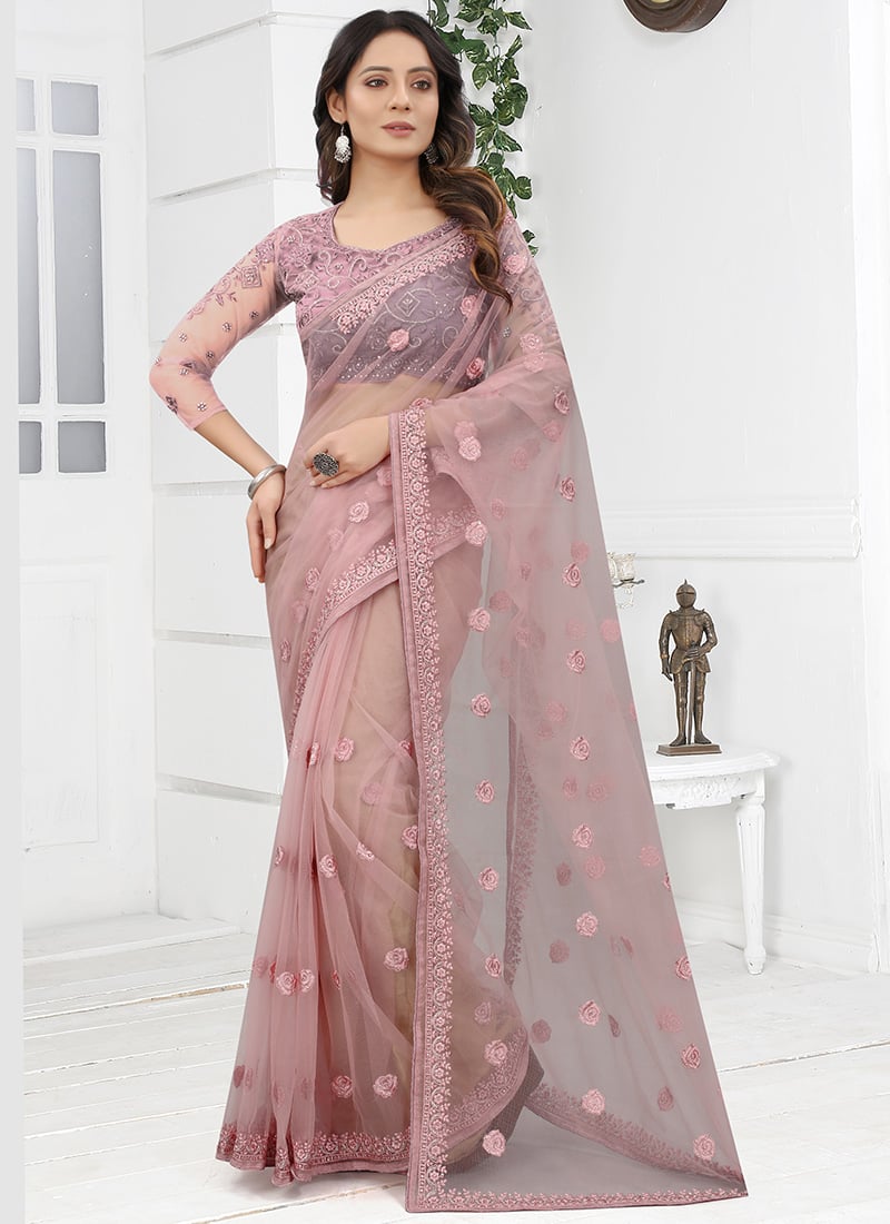Light Peach Net Embroidered Saree After Six Wear