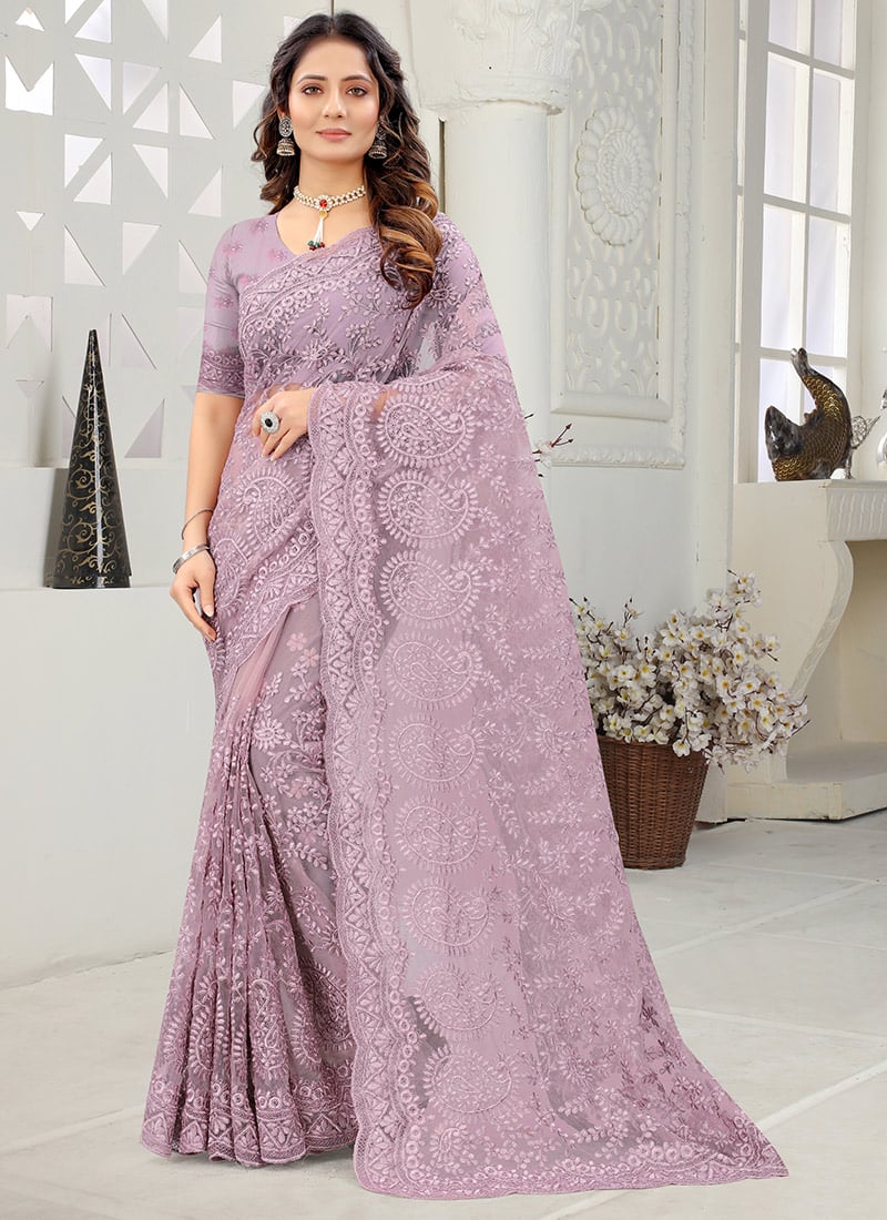 Lavender Net Embroidered Saree