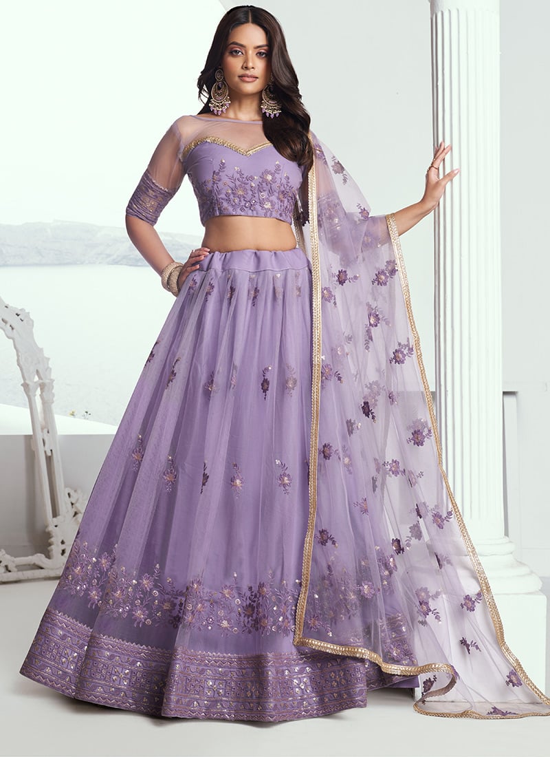 Lavender Net Embroidered Sequins Elegant Lehenga Wedding Wear