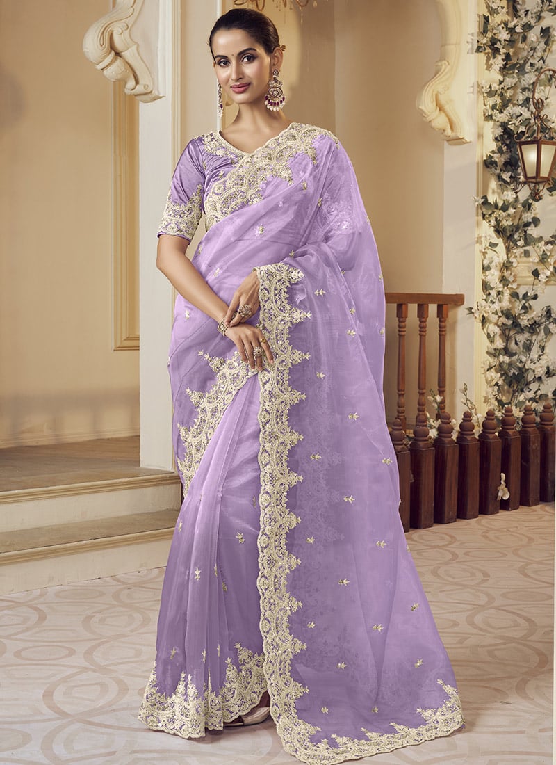 Lavender Net Embroidered Sequins Saree Wedding Wear