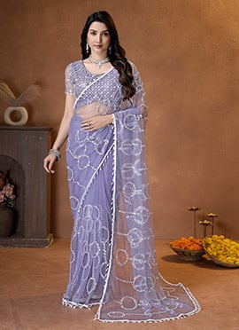 Lavender Net Embroidered Sequins Saree