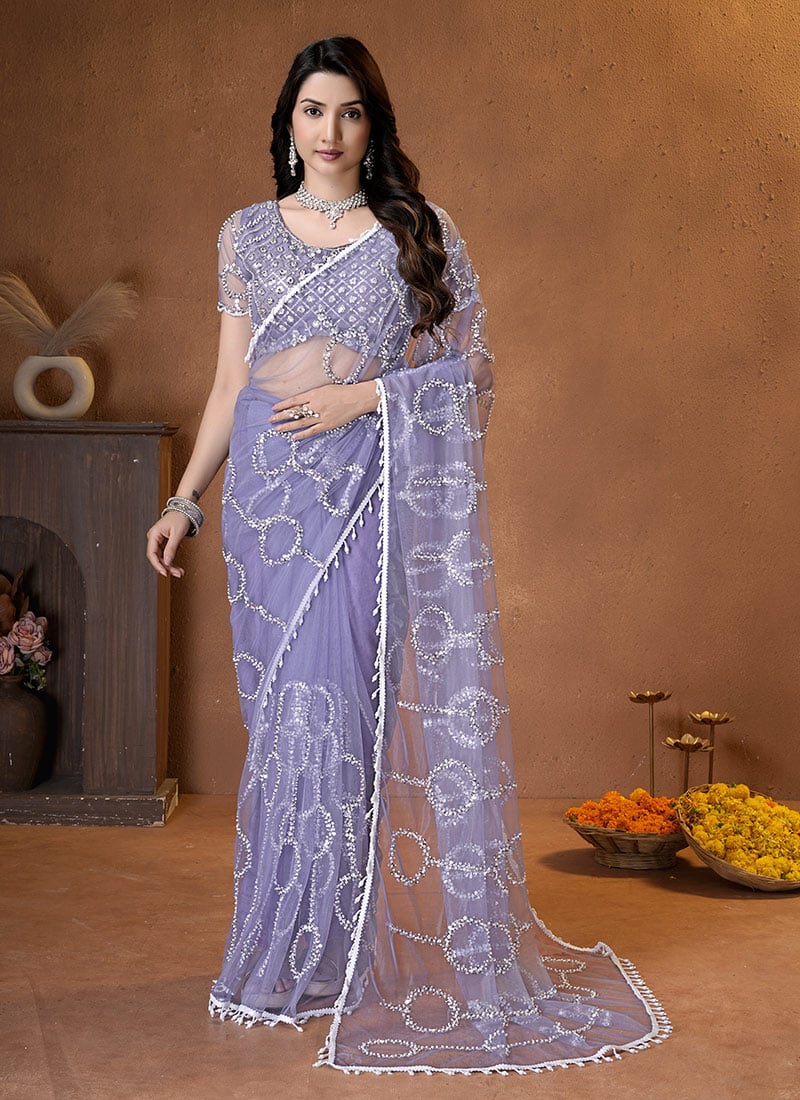 Lavender Net Embroidered Sequins Saree After Six Wear