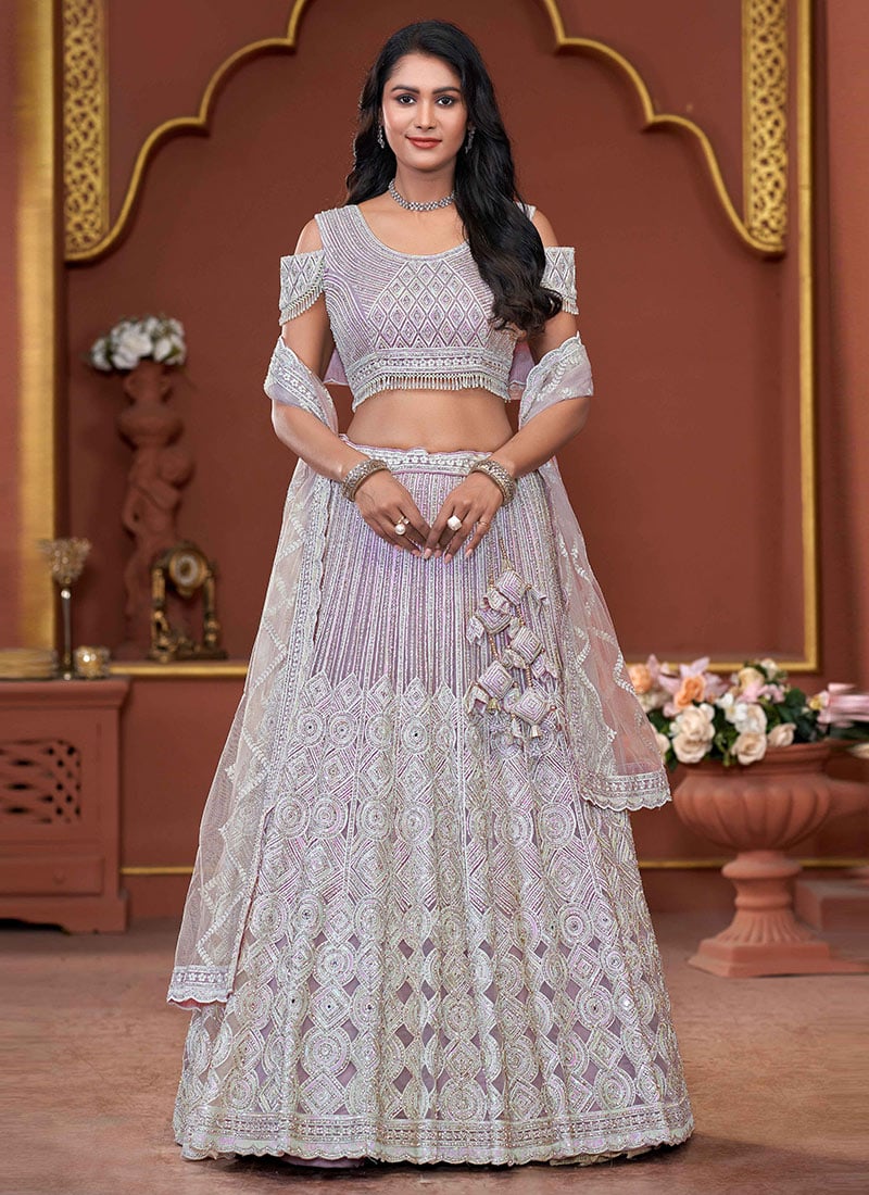 Lavender Net Embroidered Stone Sequins Beautiful Lehenga