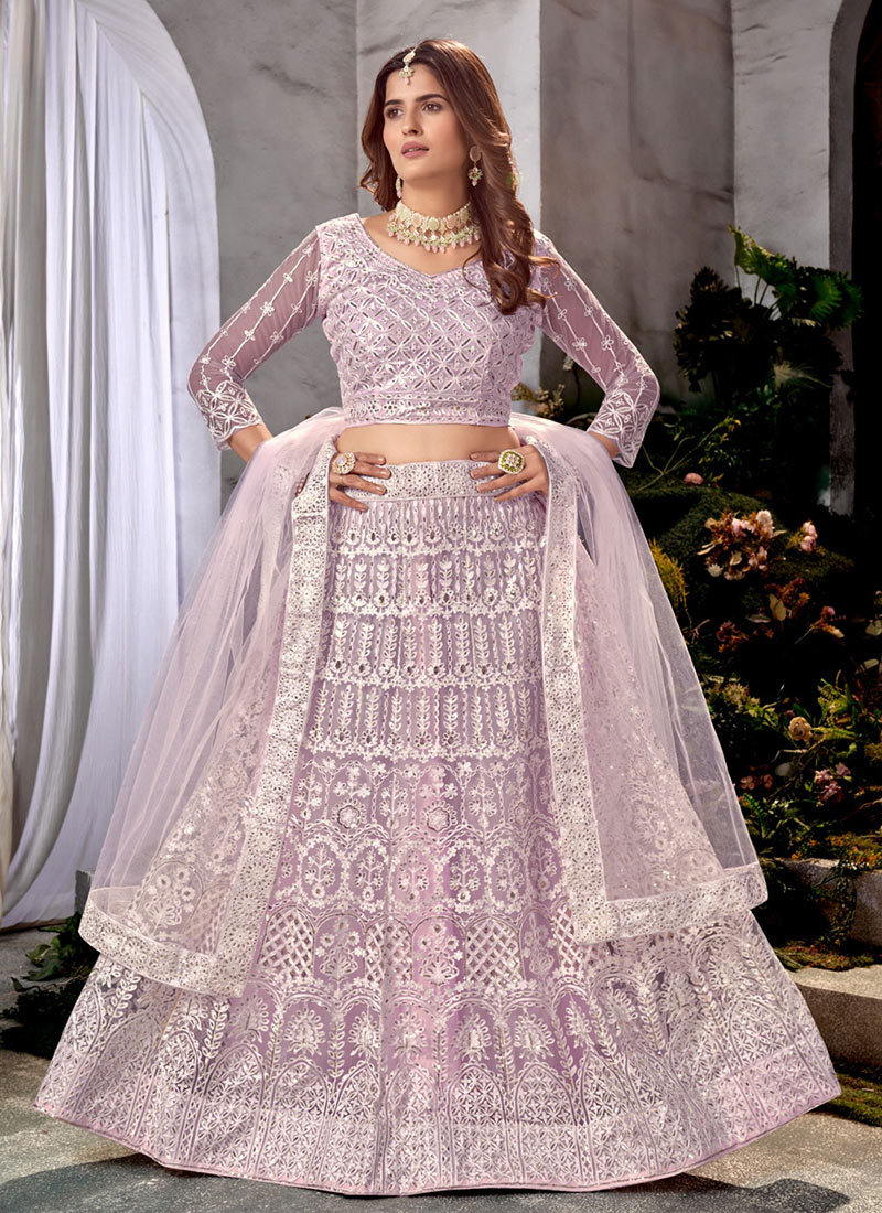 Lavender Net Embroidered Umbrella Lehenga Party Wear
