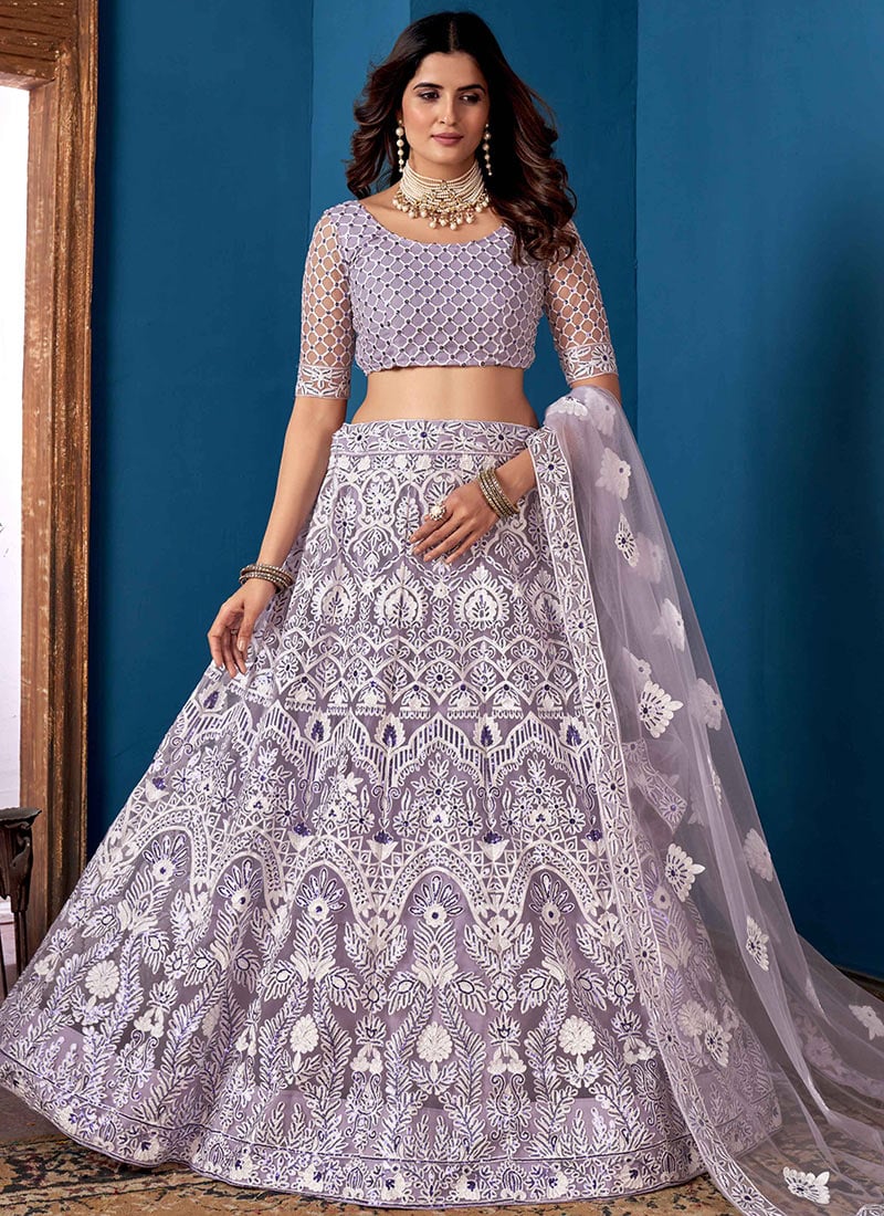 Lavender Net Embroidered Umbrella Lehenga Party Wear