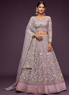 Lavender Net Embroidered Work Umbrella Lehenga Choli