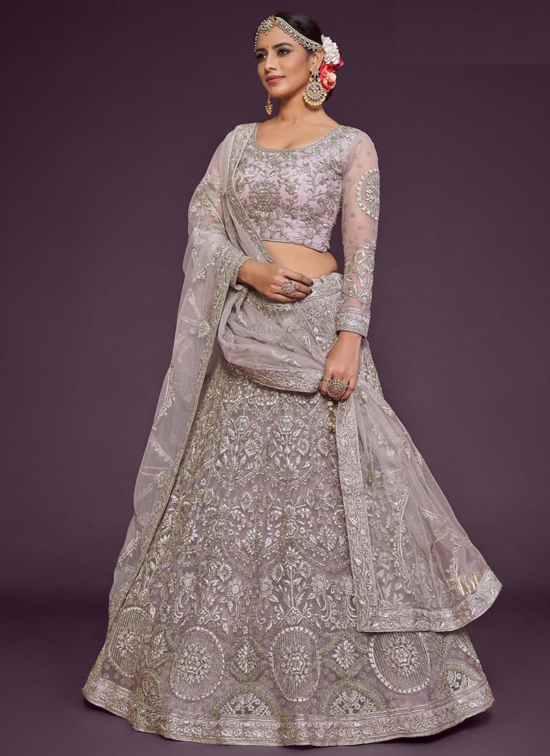 Lavender Net Embroidered Work Umbrella Lehenga Choli Party Wear
