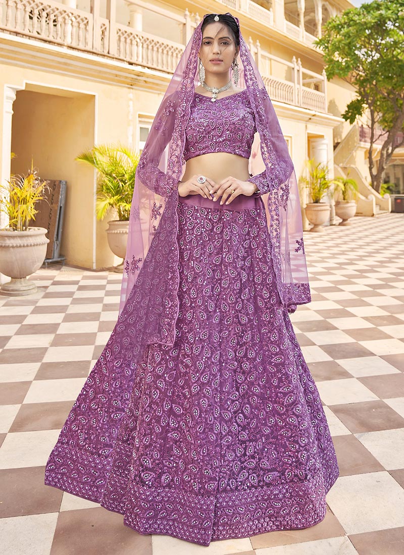 Lavender Net Embroidery N Sequins Umbrella Lehenga Party Wear