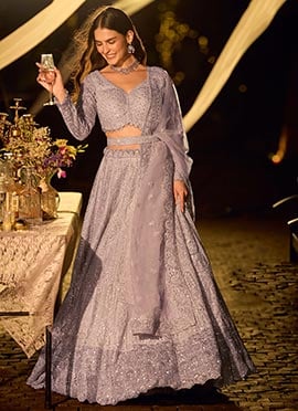 Lavender Net Hand Embroidered Beads Mirror Work Umbrella Lehenga