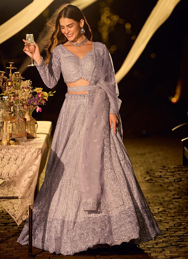 Lavender Net Hand Embroidered Beads Mirror Work Umbrella Lehenga Wedding Wear