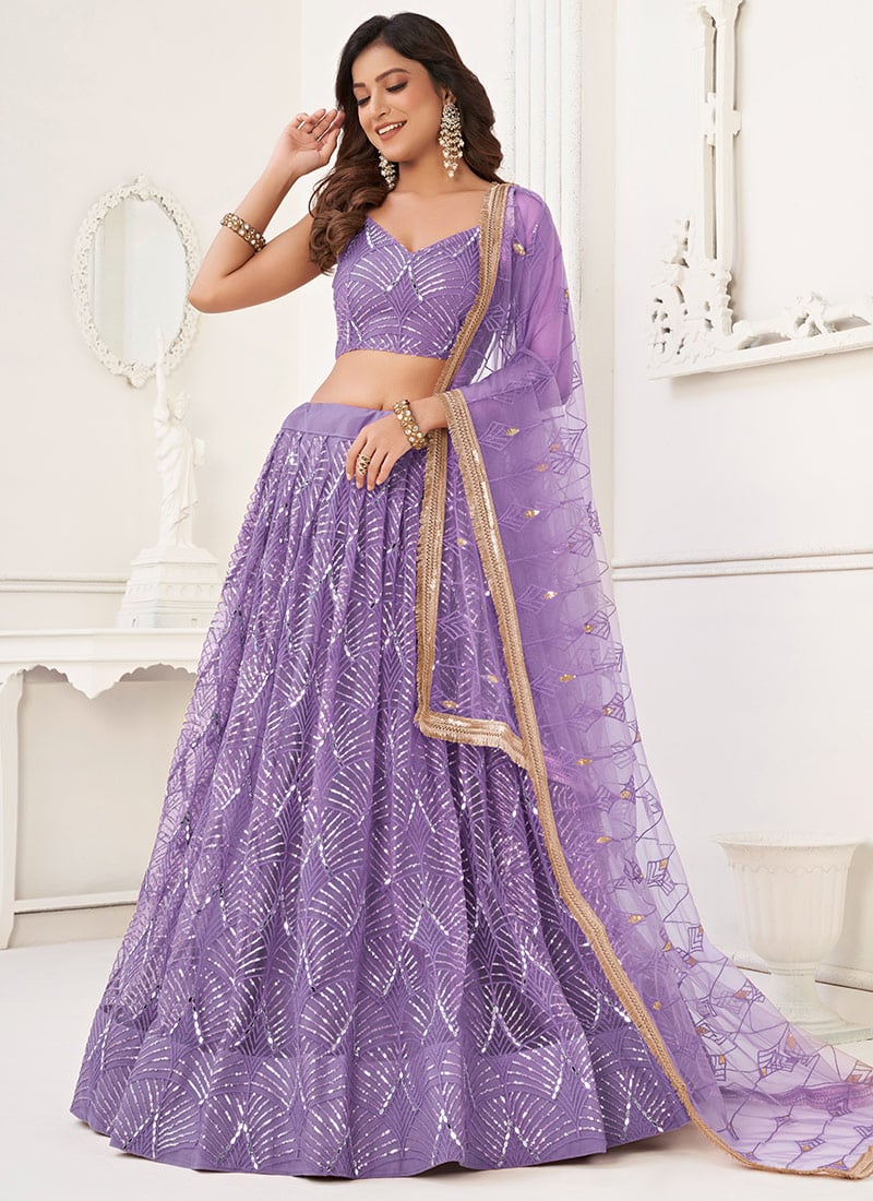Lavender Net Hand Work Chic Umbrella Lehenga With Embroidery And Sequins Party Wear