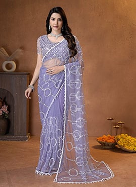 Lavender Net Sequins Beads Embroidered Saree
