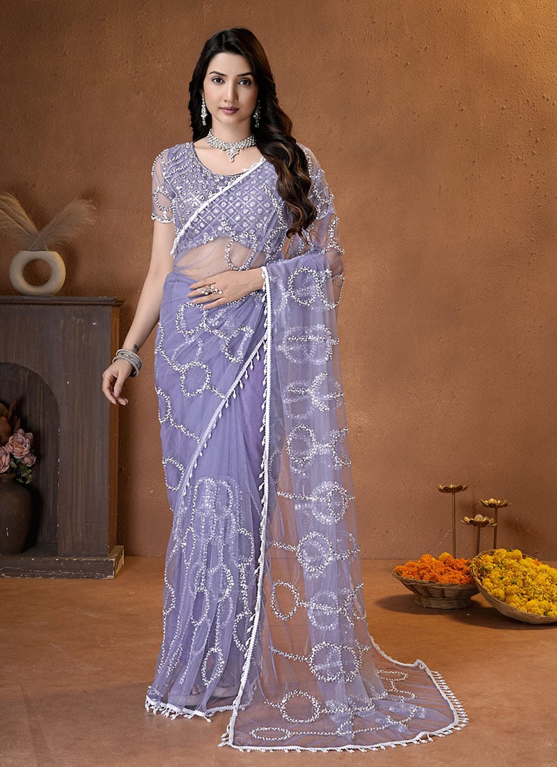 Lavender Net Sequins Beads Embroidered Saree After Six Wear