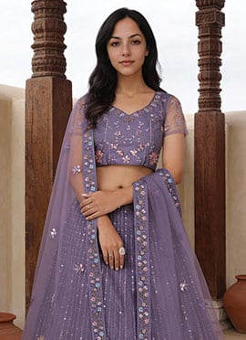 Lavender Net Sequins Embroidered A Line Lehenga