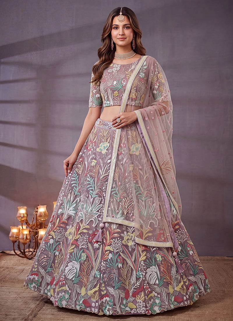 Lavender Net Sequins Embroidered Lehenga Wedding Wear