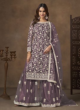 Lavender Net Sequins Embroidered Palazzo Suit