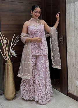 Lavender Net Sequins Embroidered Palazzo Suit