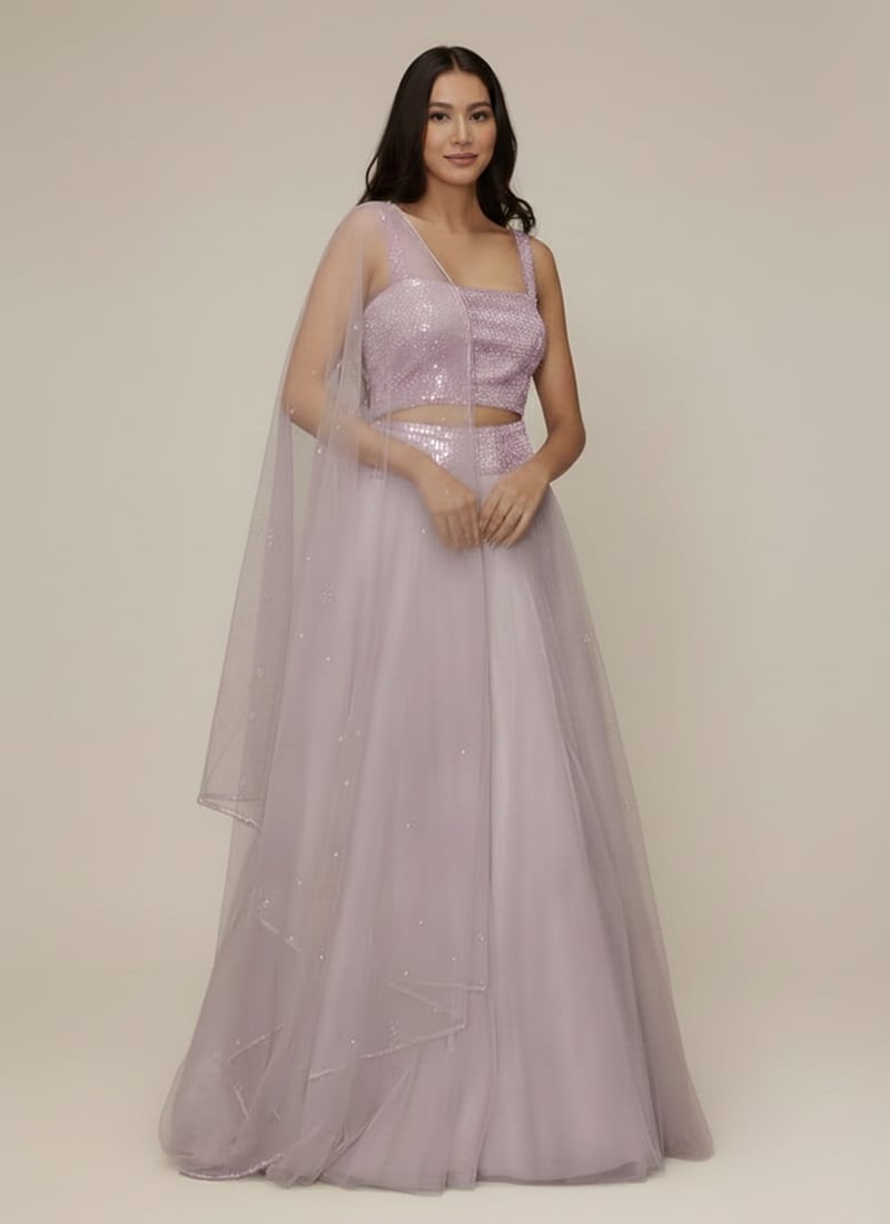 Lavender Net Sequins Hand Embroidered Umbrella Lehenga Wedding Wear