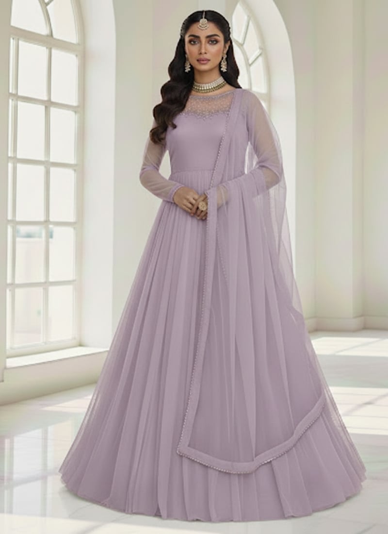 Lavender Net Sequins Stones Anarkali Suit Festive Wear