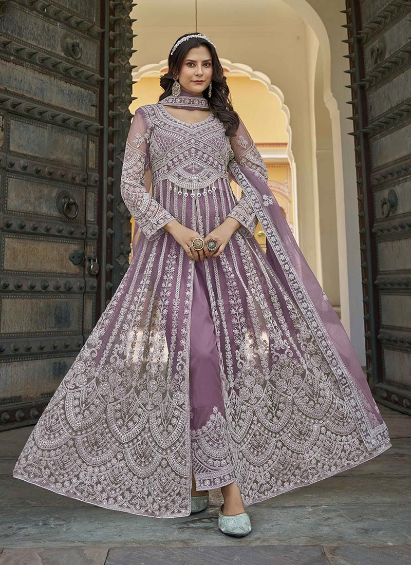 Lavender Net Stones Embroidered Anarkali Suit Wedding Wear