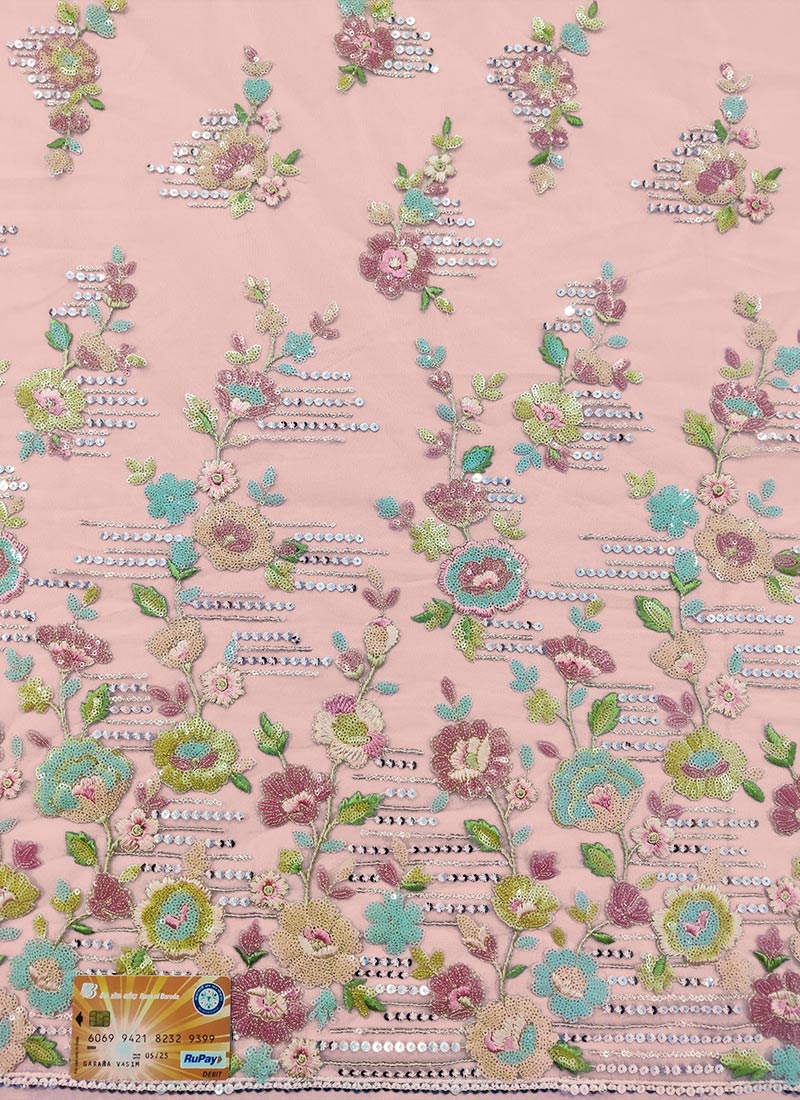 Pink Net Thread Embroidered Fabric
