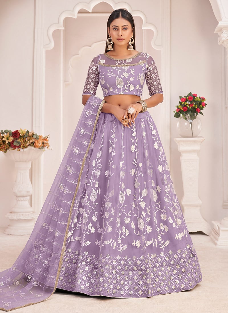 Lavender Net Thread Embroidery Sequins Umbrella Lehenga