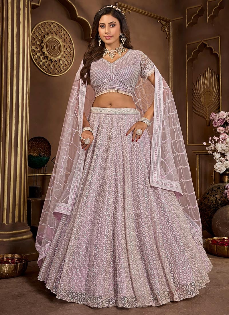 Lavender Net Thread Zarkan Embroidered Sequins Regal Lehenga Wedding Wear