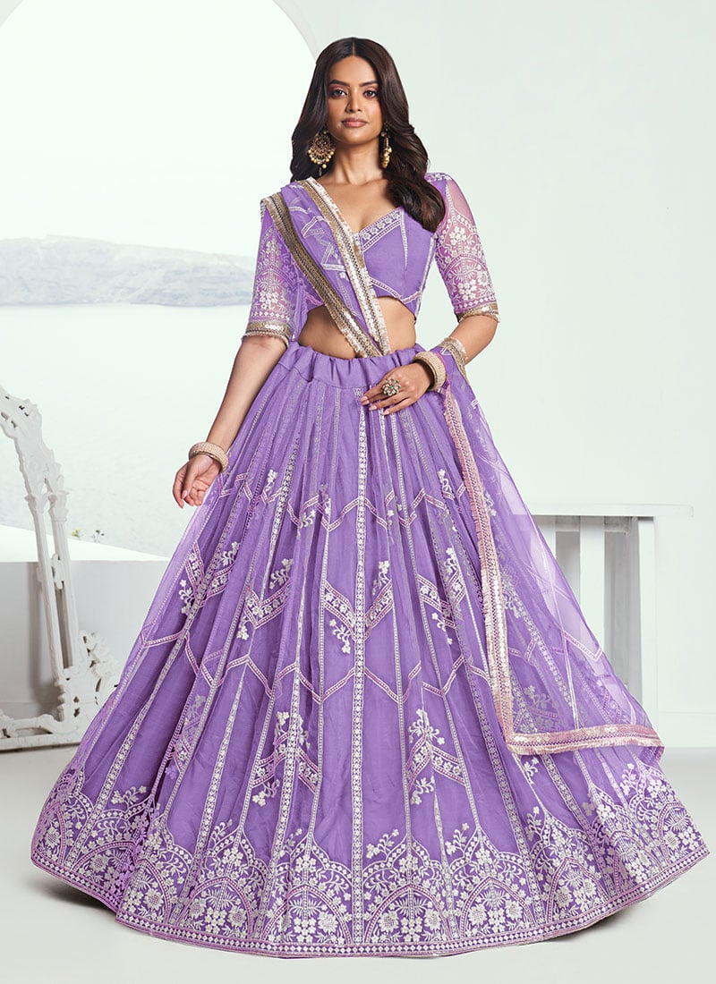 Lavender Net Zari Embroidered Sequins Lehenga Wedding Wear
