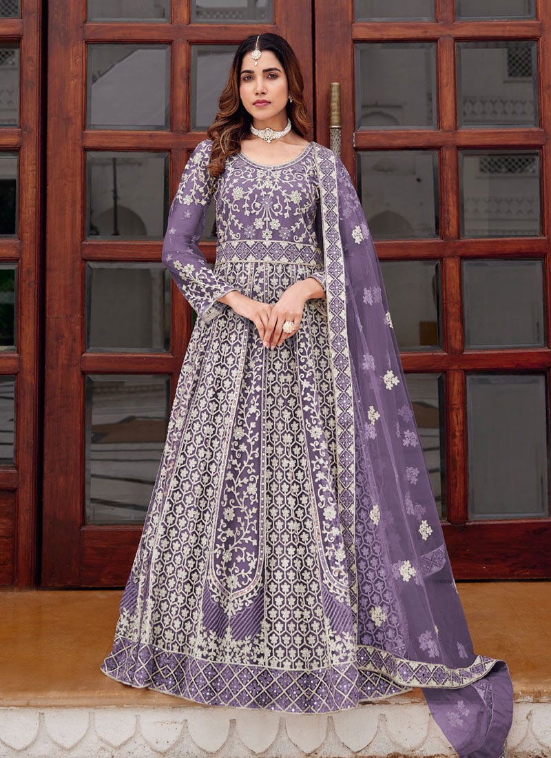 Lavender Net Zari Embroidered Sequins Stone And Mirror Work Anarkali Suit Festive Wear