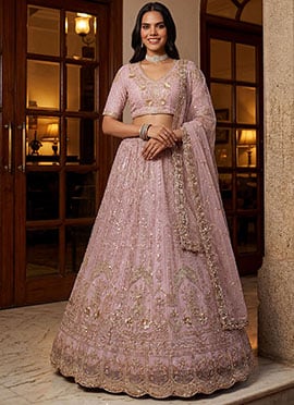 Lavender Net Zari Embroidered Sequins With Stone Work Lehenga