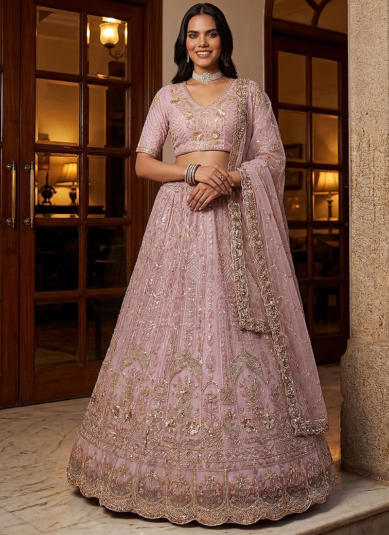 Lavender Net Zari Embroidered Sequins With Stone Work Lehenga Wedding Wear