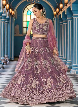 Lavender Net Zari Embroidered Sequins With Stone Work Lehenga