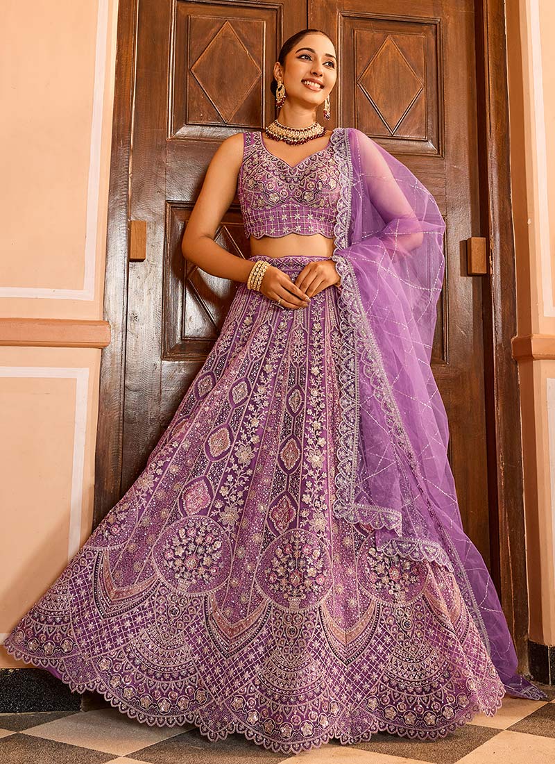 Lavender Net Zari Embroidered Sequins With Stone Work Lehenga