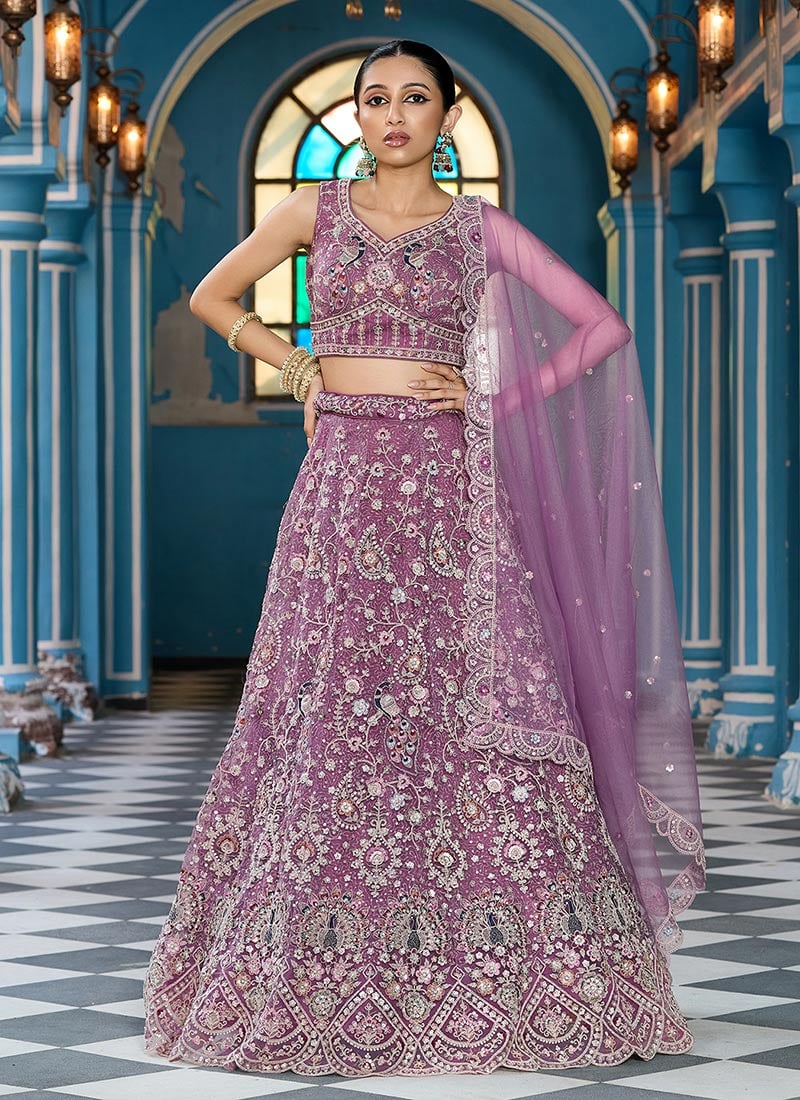 Lavender Net Zari Embroidered Sequins With Stone Work Lehenga