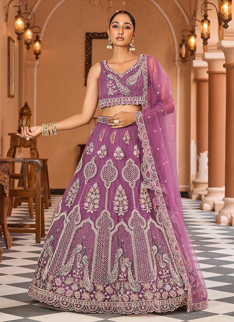 Lavender Net Zari Embroidered Sequins With Stone Work Lehenga Wedding Wear