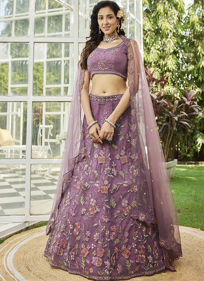 Lavender Net Zarkan Floral Embroidered Sequins With Stone Work Lehenga