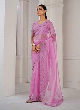 Lavender Organza Applique With Sequins And Stone Work Saree Festive Wear