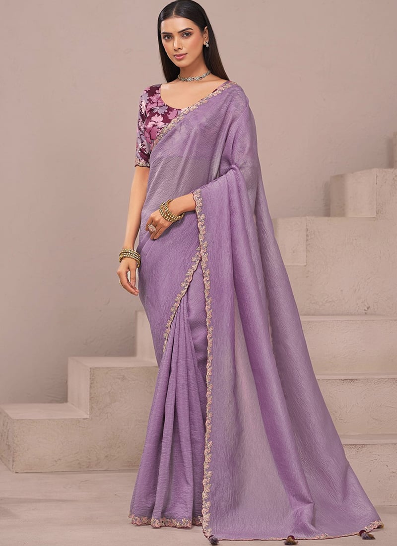 Lavender Organza Embroidered Sequins Saree With Digital Print Blouse