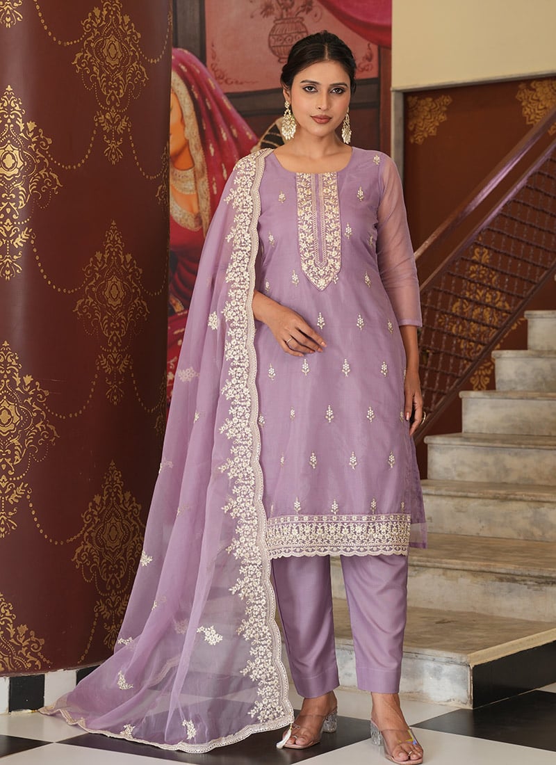 Lavender Organza Embroidered Sequins Straight Pant Suit Festive Wear