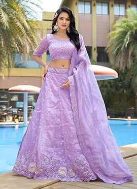 Lavender Organza Embroidered Stones And Sequins Umbrella Lehenga Wedding Wear