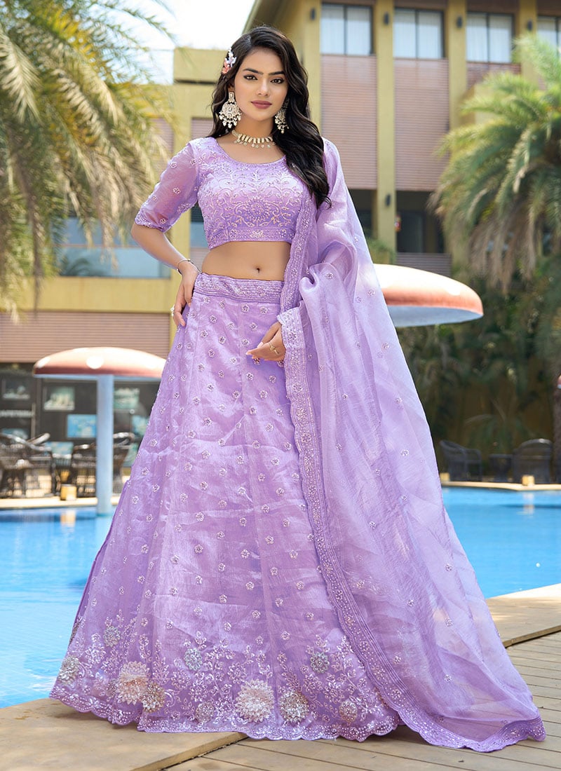 Lavender Organza Embroidered Stones And Sequins Umbrella Lehenga