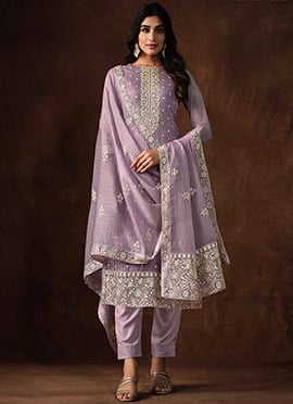 Lavender Organza Embroidered Straight Pant Suit