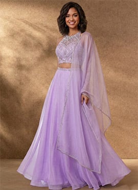 Lavender Organza Hand Embroidered Stone Work Lehenga