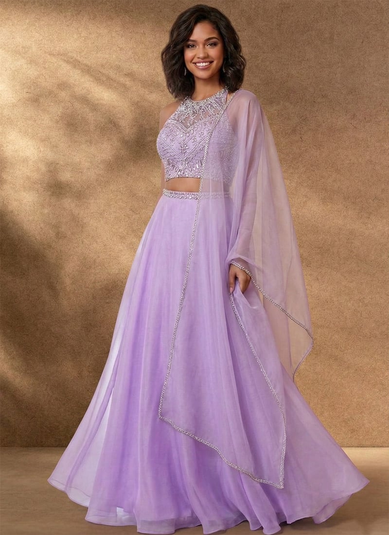 Lavender Organza Hand Embroidered Stone Work Lehenga Wedding Wear