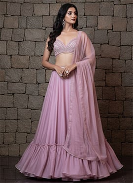 Lavender Organza Sequins Beads Hand Embroidered Umbrella Lehenga