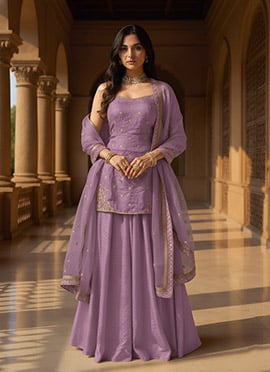Lavender Organza Sequins Moti Hand Embroidered Palazzo Suit