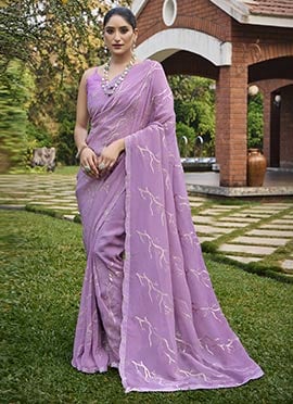 Lavender Organza Sequins Stone Work Saree