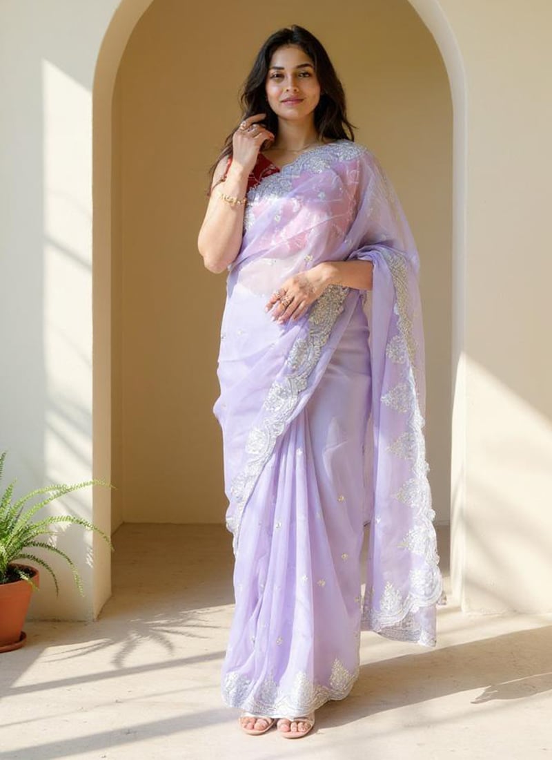 Lavender Organza Silk Embroidered Sequins Saree