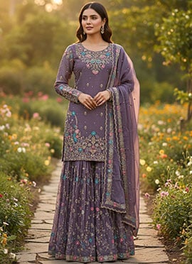 Lavender Organza Silk Sequin Embroidered With Moti Work Sharara Suit