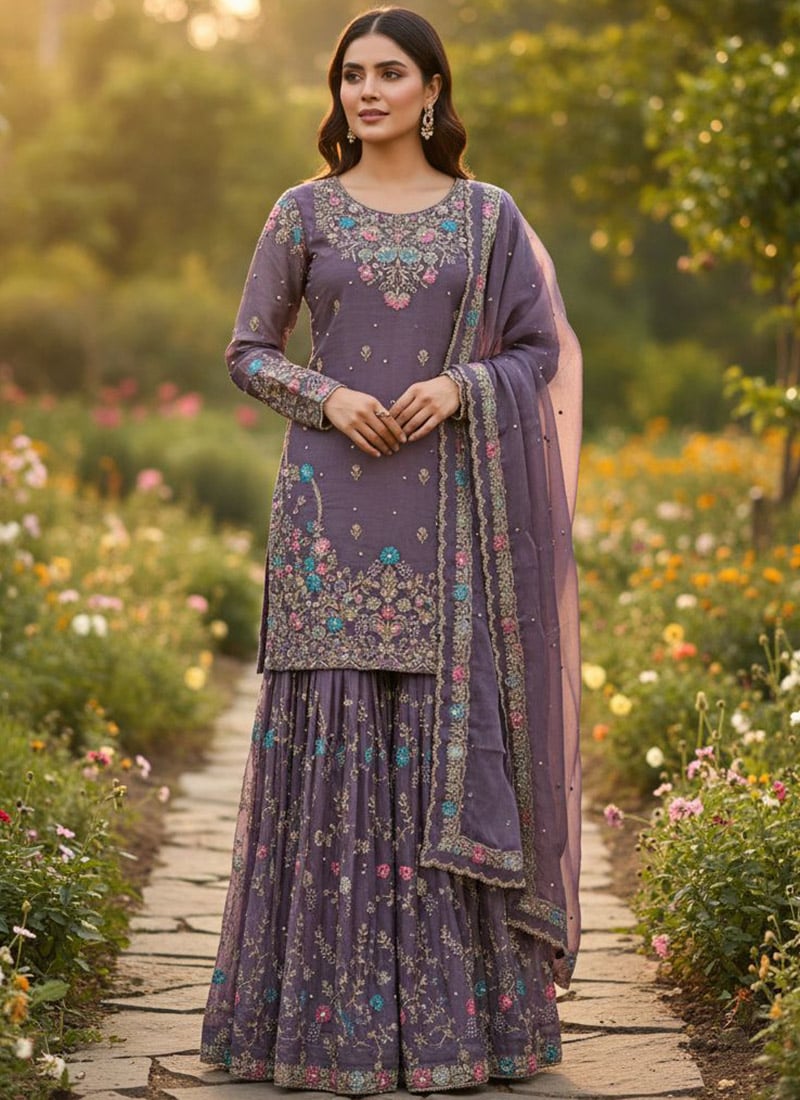 Lavender Organza Silk Sequin Embroidered With Moti Work Sharara Suit Festive Wear